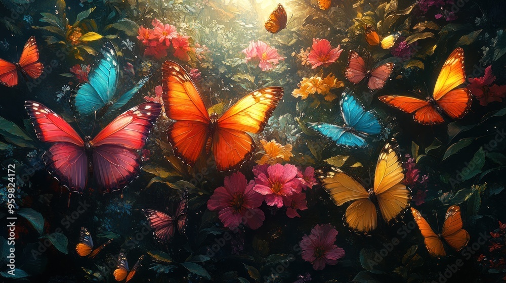 Wall mural A vibrant scene of colorful butterflies among blooming flowers.