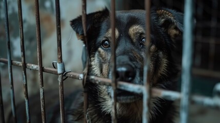 Sad dogs in cages longing for adoption.