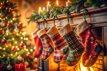 A fireplace with four stockings hanging from it, one of which is red and white striped. The scene is set in a cozy, festive atmosphere with a Christmas tree in the background