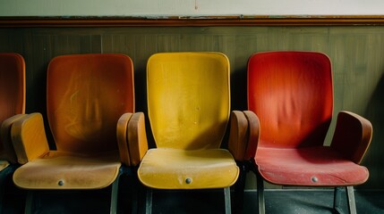 Fototapeta premium Four brightly colored, slightly worn theater chairs in a row against a wooden wall, hinting at stories of the past and a vintage charm.