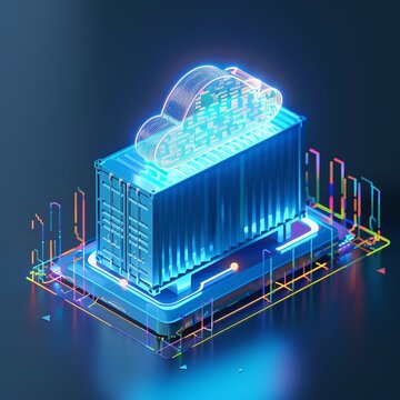 Futuristic digital illustration of a cloud computing container, representing technology, virtualization, and data storage in vibrant neon colors.
