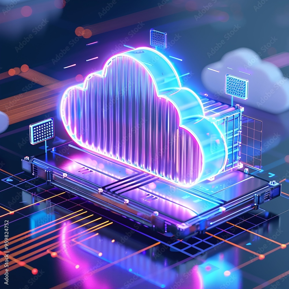 Poster futuristic neon cloud computing concept with server platform in digital landscape, representing data