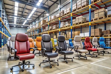 A warehouse stocked with rows of office chairs in various styles and colors provides an efficient storage solution