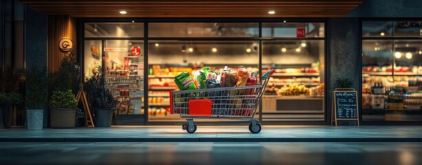 Side view of a shopping trolley filled with groceries