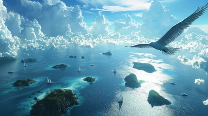 Fototapeta premium Seagull flying over tropical islands with sailboats.