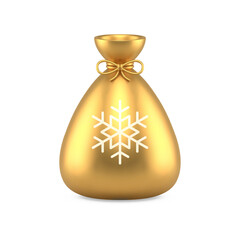 Golden Santa Claus tied sack with Christmas present luxury toy 3d icon realistic vector illustration. Premium bag for Xmas New Year gift winter holiday festive bauble with traditional snowflake
