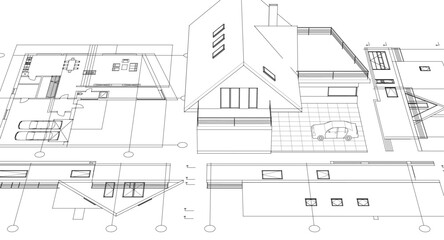 house traditional architecture plan 3d illustration	