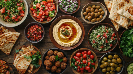Fototapeta premium A Mediterranean feast with a variety of dishes including hummus, falafel, tabbouleh, grilled pita bread, and a bowl of olives, served on a wooden table
