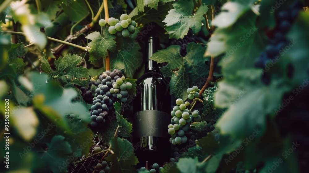 Poster A bottle of fine wine nestled among lush grapevines, surrounded by ripe and unripe grapes, depicting a serene vineyard setting.