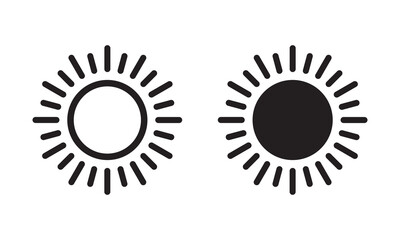 Sun icon, sun symbol, black sun sign isolated on white.