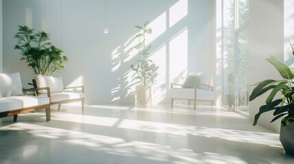 A minimalist and light-filled living space with modern furniture and abundant indoor plants, creating a serene and airy atmosphere.