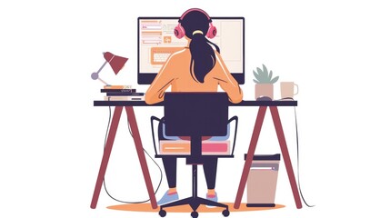 Woman at her desk with headphones, immersed in virtual gaming and chatting.