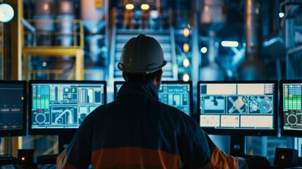 Fototapeta premium Industrious scene of a worker monitoring complex control panels, multitasking efficiently in a high-tech, dimly lit industrial control room.
