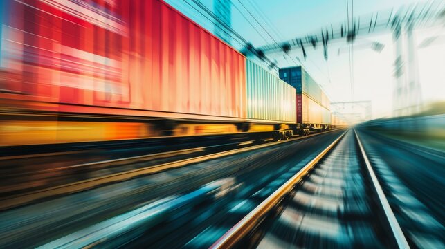 A dynamic image of a speeding freight train captured in motion, conveying the energy and movement of railroad transport.