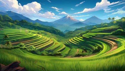Fototapeta premium The lush, terraced rice fields of Bali, Indonesia, with their vibrant green hues and stunning mountain vistas.