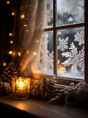 A macro shot of a snow-covered window with frosty patterns, candlelight softly glowing through the glass