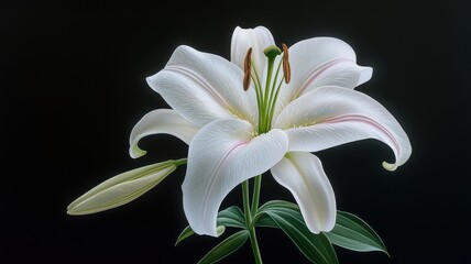Fototapeta premium A stunning close-up of a white lily with delicate petals and lush green leaves, set against a dark background.