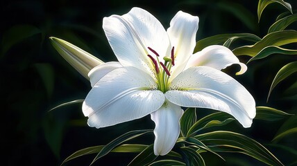 Fototapeta premium A stunning close-up of a white lily flower, showcasing its delicate petals and vibrant green leaves in a serene botanical setting.