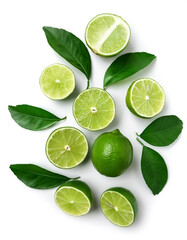 Lime fruits with slices and green leaves isolated on white background