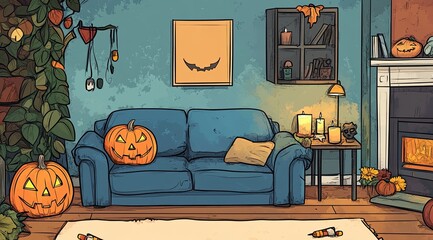 A charming modern apartment showcases a vibrant blue couch with decorative pillows next to playful pumpkins and Halloween artwork, creating a festive autumn atmosphere