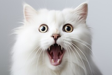 Obraz premium White cat with wide eyes and open mouth expressing surprise against a light background