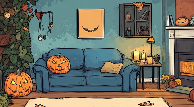 A charming modern apartment showcases a vibrant blue couch with decorative pillows next to playful pumpkins and Halloween artwork, creating a festive autumn atmosphere
