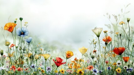 A vibrant field of blooming flowers in various colors, creating a cheerful and serene atmosphere in nature's beauty.