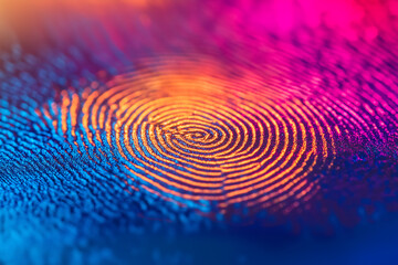  Close-up of vibrant fingerprint pattern glowing in neon blue and orange light futuristic technology concept biometric identification security digital scan abstract macro view personal identity