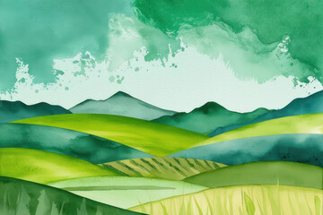 Watercolor image of green meadows: Vivid shades of grass and flowers create a picturesque and peaceful landscape for inspiration