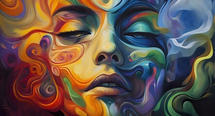 Obraz premium 32. **Vivid face art with swirling colors and energetic patterns surrounding a human face**