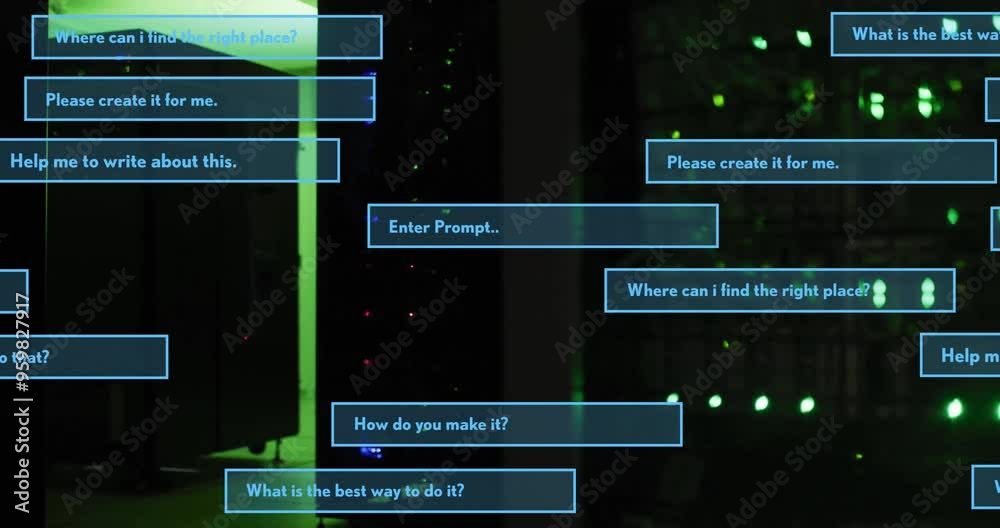 Poster text animation over server room with various questions about creating and finding things