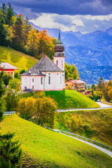 Obraz premium Berchtesgaden, Germany. Watzmann Mountain and Maria Gern church, Bavarian landscape.