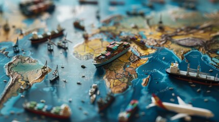 Naklejka premium A detailed miniature representation of global shipping routes, showing container ships navigating through the oceans on a world map.