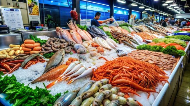  fish market with fish and crustations