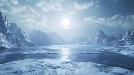 Fototapeta premium Majestic frozen landscape with snow-capped mountains and serene icy waters under a bright winter sun