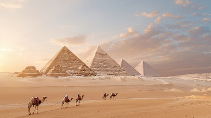 Camels and riders traverse the desert with the pyramids in the background, captured at sunset.