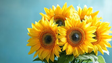 Fototapeta premium Vibrant sunflowers in a bouquet, showcasing their bright yellow petals and rich brown centers against a soft blue background.