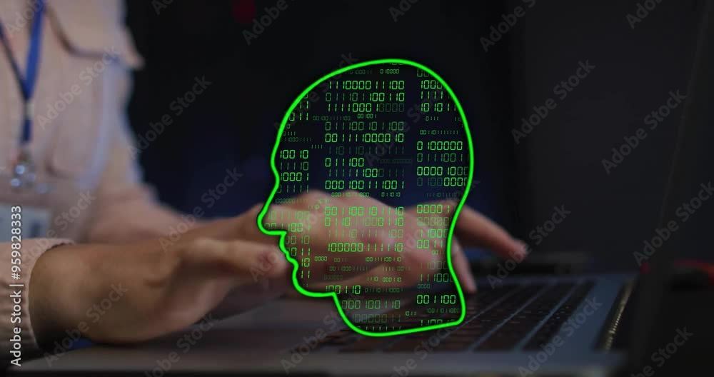 Poster typing on laptop, hands over binary code and human head animation