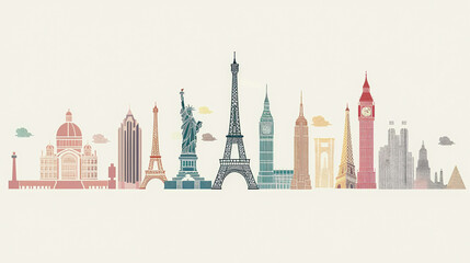 Fototapeta premium Silhouette illustration of famous global landmarks including the Eiffel Tower, Statue of Liberty, and Big Ben against a cream background