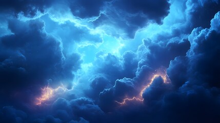 Dramatic electric thunderstorm clouds illuminated by intense lightning bolts at night