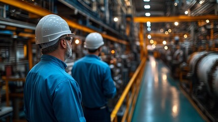 Industry Experts: Two industrial workers, wearing hard hats and safety glasses, stand overlooking a bustling factory floor, their backs to the camera, conveying a sense of expertise and dedication.  