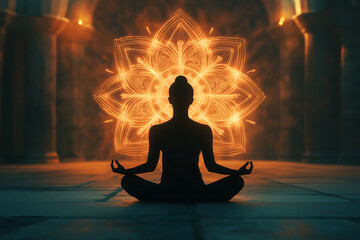 Meditation in sacred space, spiritual awakening, illuminated mandala, inner peace, mindfulness, serene yoga practice, energy flow, meditation silhouette, transcendental experience

