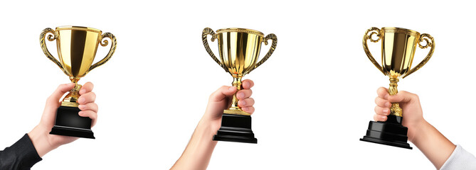 Kid hand with trophy cup isolated on white background.