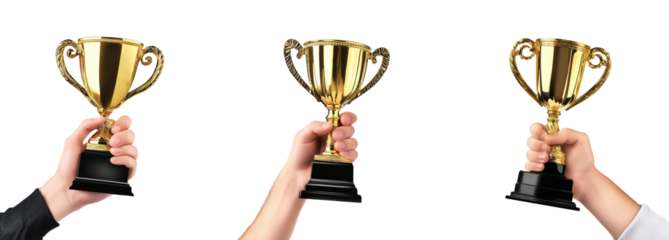Kid hand with trophy cup isolated on white background.