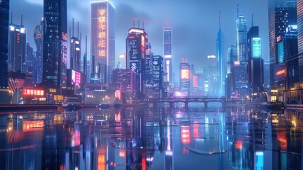 Fototapeta premium Futuristic cityscape at dusk - Neon-lit skyscrapers reflected in calm river, cyberpunk style