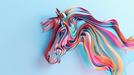 Obraz premium A stylized and colorful depiction of a horse's head, created with flowing, intertwined ribbons in a variety of bright hues against a light blue backdrop.