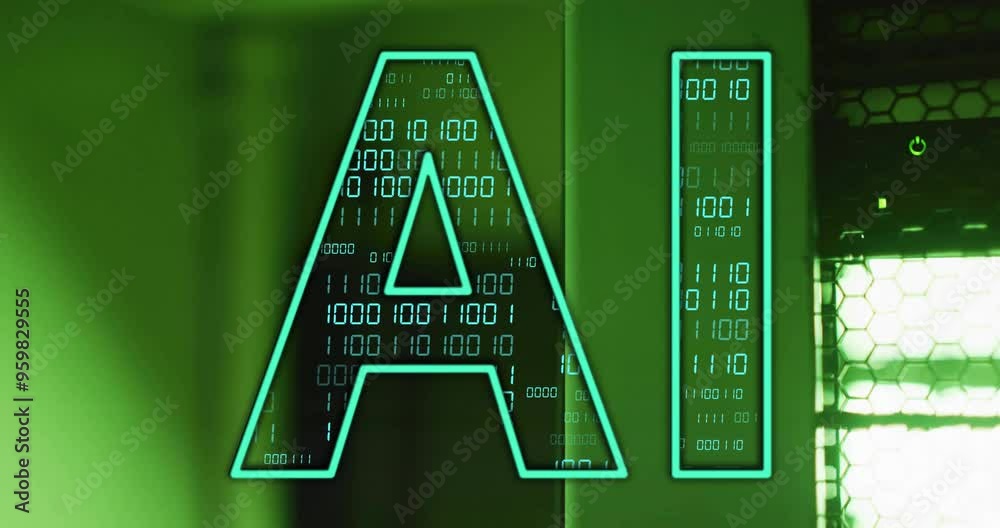 Poster AI text with binary code animation over green background