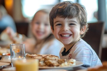Happy irish american kid and his sister enjoying in buffet breakfast while being in hotel with their parents