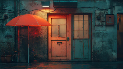 Old Doors with 90s Vibes and Umbrella Creating a Nostalgic Urban Scene