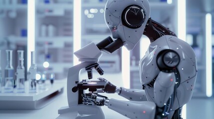 Fototapeta premium Sophisticated humanoid robot with glossy white plating working with a microscope in a cutting-edge laboratory.